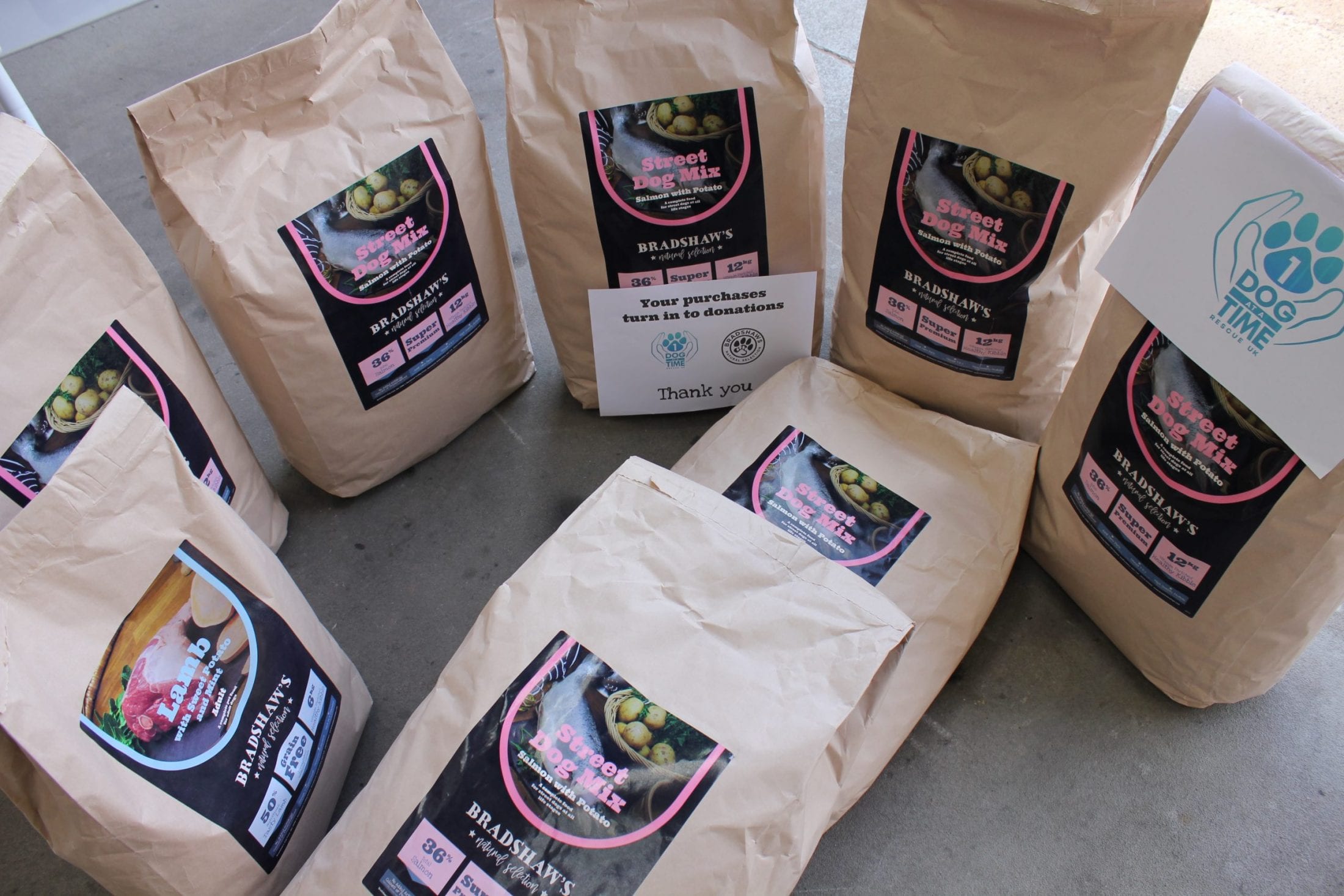 Bags of donated Bradshaws dog food ready to be delivered to 1 Dog Bags of donated Bradshaws dog food | 1 Dog At a Time Rescue UK | Dedicated To Rescuing and Rehoming Romanian Street Dogs